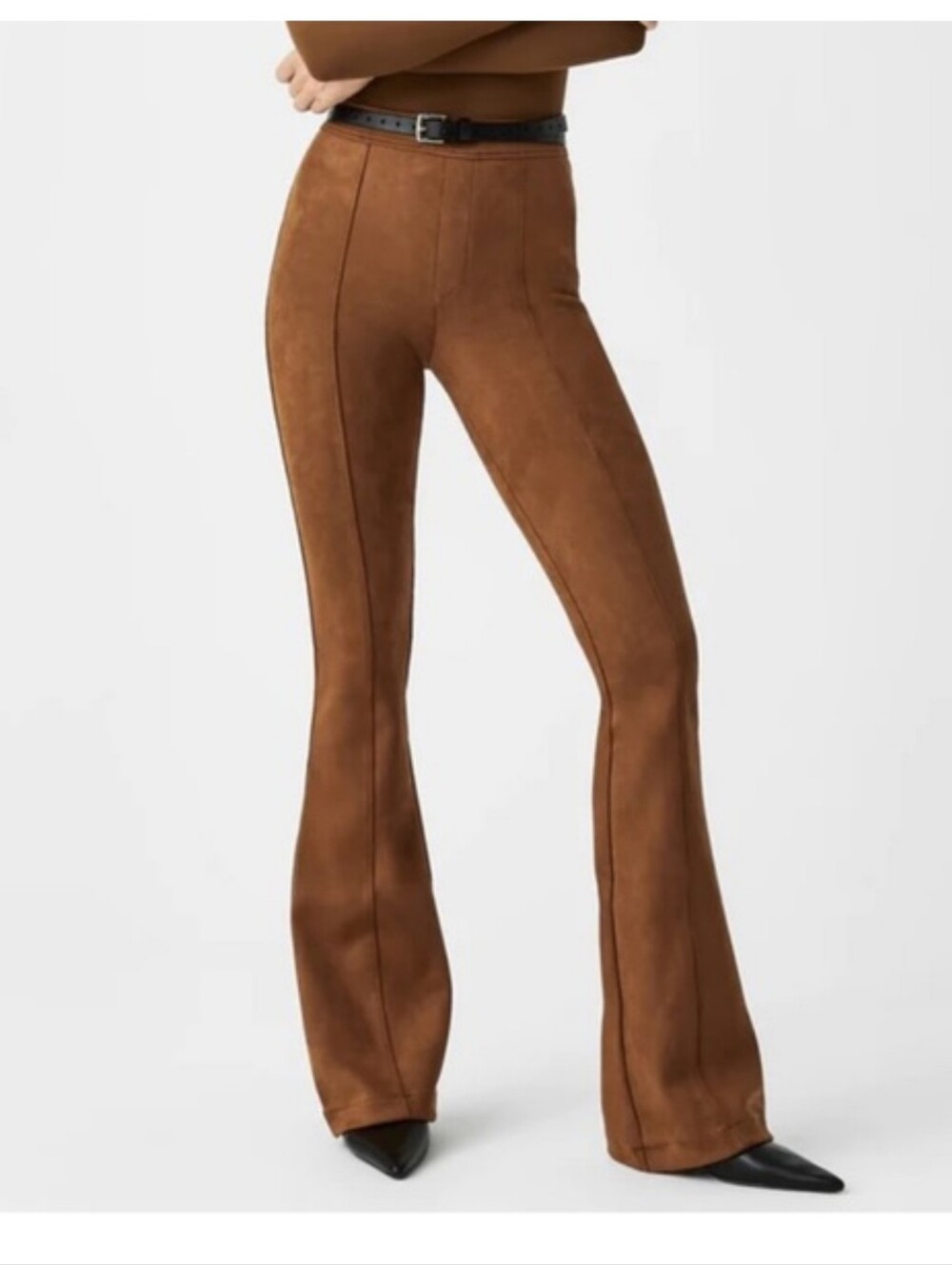 Spanx Faux Suede Flare Pant Womens LARGE Brown Hi Rise Full Length Shaping